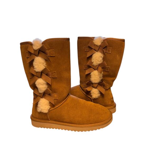 Koolaburra by UGG Chestnut Suede Shearling Pom Pom Bow Boots Women’s 8 - Picture 4 of 8